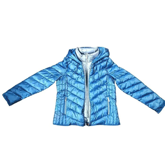 NWT Kenneth Cole Blue Gray Bib Front Zip Hooded Puffer Jacket Petrol L - Picture 7 of 16